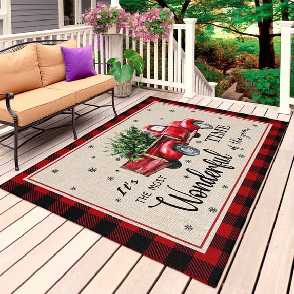 Christmas Red Truck Outdoor Rug 6x9 Ft, Non Slip Washable Area Rug, Buffalo Plaid Xmas Tree Snowflakes Patio Rugs Carpet Runner, Large Floor Mat for Indoor/Outdoor Deck Porch Camping