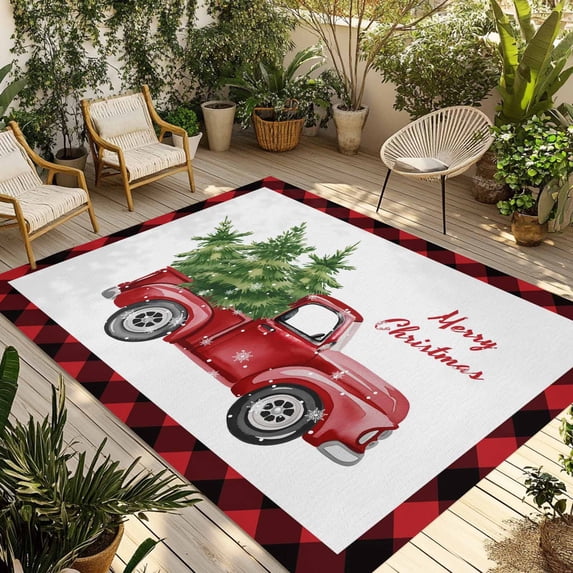 Christmas Red Truck Outdoor Rug for Patio/Deck/Porch, Non-Slip Large Area Rug 4 x 6 Ft, Xmas Pine Tree Red Buffalo Plaid Winter Indoor Outdoor Rugs Washable Area Rugs, Camping Rug Carpet Runner