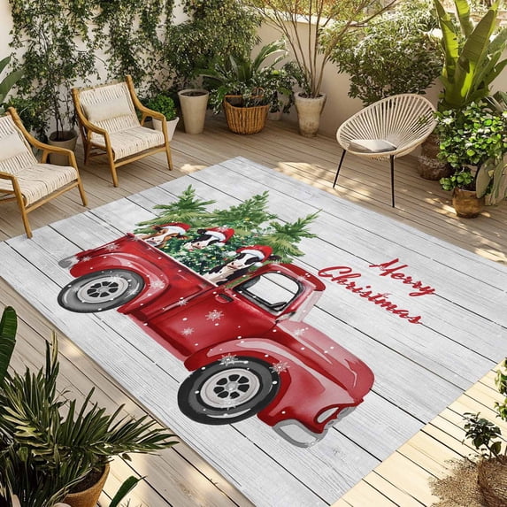 Christmas Red Truck Outdoor Rug for Patio/Deck/Porch, Non-Slip Large Area Rug 6 x 9 Ft, Xmas Pine Tree Cute Cow Farmhouse Wooden Indoor Outdoor Rugs Washable Area Rugs, Camping Rug Carpet Runner