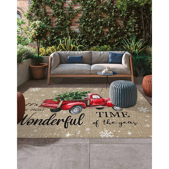 Christmas Red Truck Outdoor Rug, Winter Tree Snowflake Linen Vintage Large Outdoor Patio Area Rugs Non Slip Outside Floor Mat Carpet for Backyard/Deck/Porch/Balcony, 4x6 ft