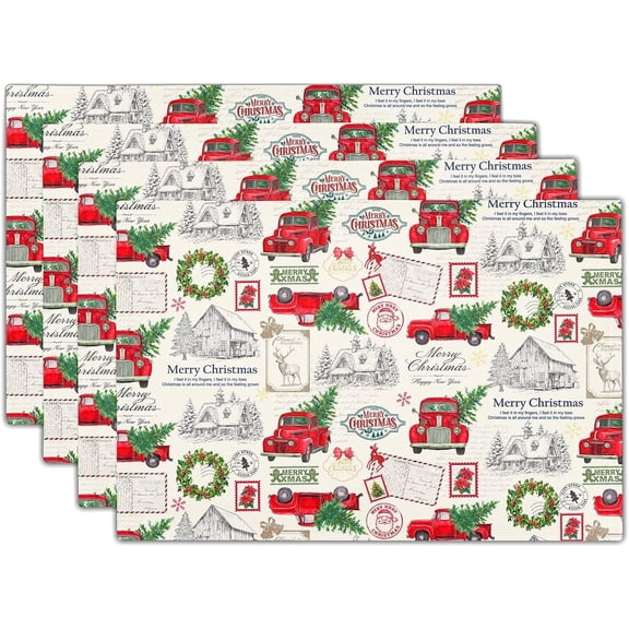 Christmas Red Truck Placemats Set of 4 Xmas Tree Pattern Place Mats 12x18 Inch Seasonal Winter Holiday Washable Table Mats for Home Party Kitchen Dining