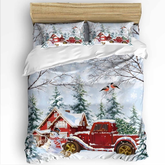 Christmas Red Truck Queen Size Comforter Set, Pine Tree Winter Branches Xmas Farmhouse Bedding for All Seasons, 4 Pcs Bed Set with 1Comforter (90"x92") ,1 Sheet(94"x116"), 2 Pillowcases (19"x29")