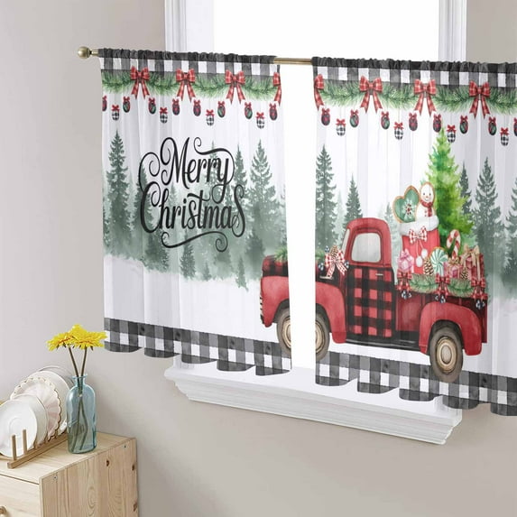 Christmas Red Truck Sheer Curtains 45 Inches Long, Xmas Tree Snowman Winter Gifts Plaid Light Filtering Window Curtains for Living Room, Rod Pocket Voile Sheer Curtain Drapes, 52"Wx45"L, 2 Panels