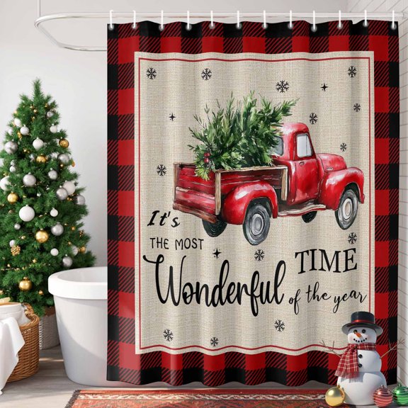 Christmas Red Truck Shower Curtain, 36" x 72", Winter Tree Snowflake Red Plaid Linen Waterproof Bathroom Curtain Washable Shower Curtain Set with 12 Hooks
