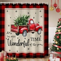 Christmas Red Truck Shower Curtain, Buffalo Plaid Xmas Tree Snowflakes Waterproof Fabric Shower Curtains with 12 Hooks, Bathroom Curtain Set for Bathroom Accessories Decor, 36 x 78 Inches