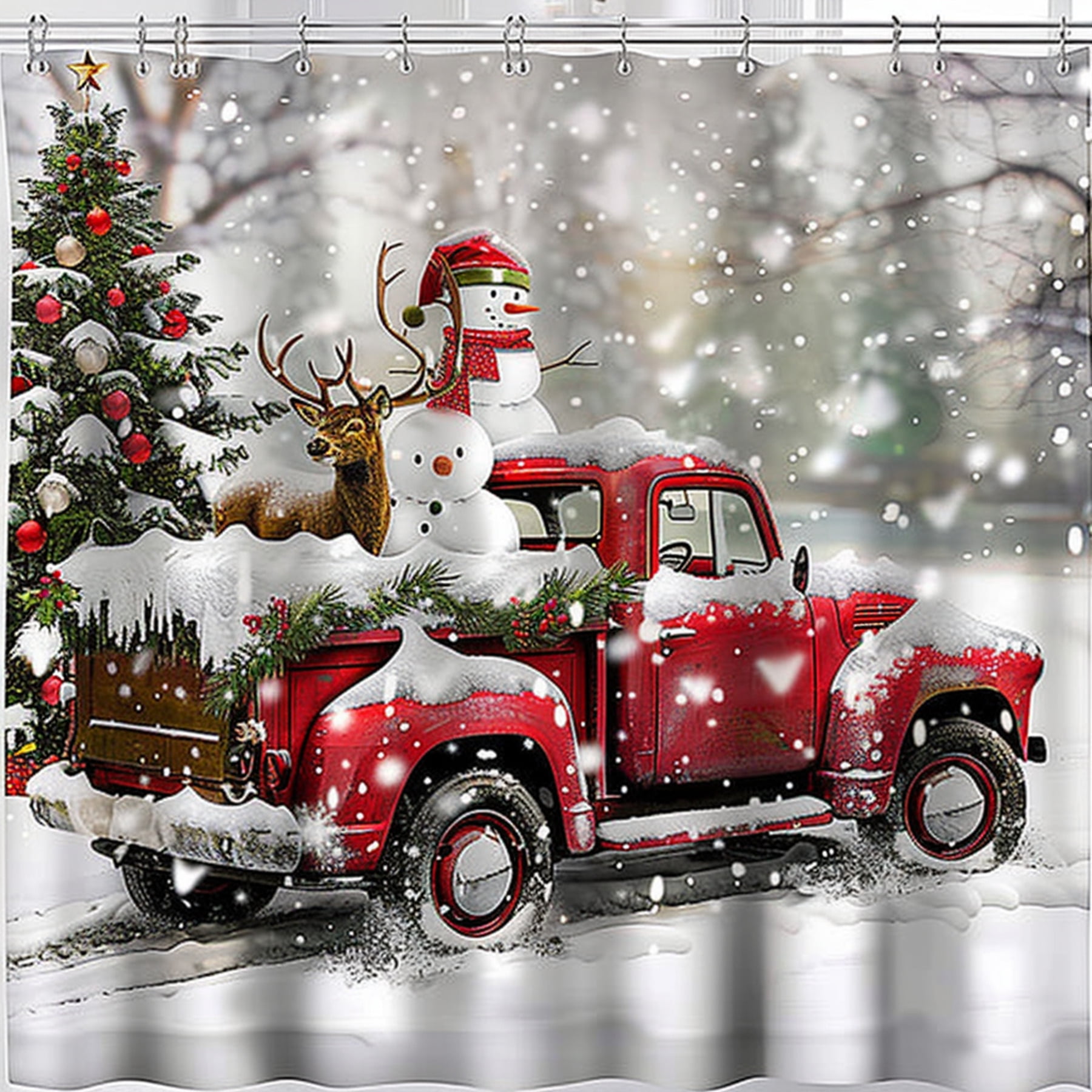 Christmas Red Truck Shower Curtain with Deer and Snowman Festive