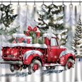 Christmas Red Truck Shower Curtain with Presents and Snowy Trees