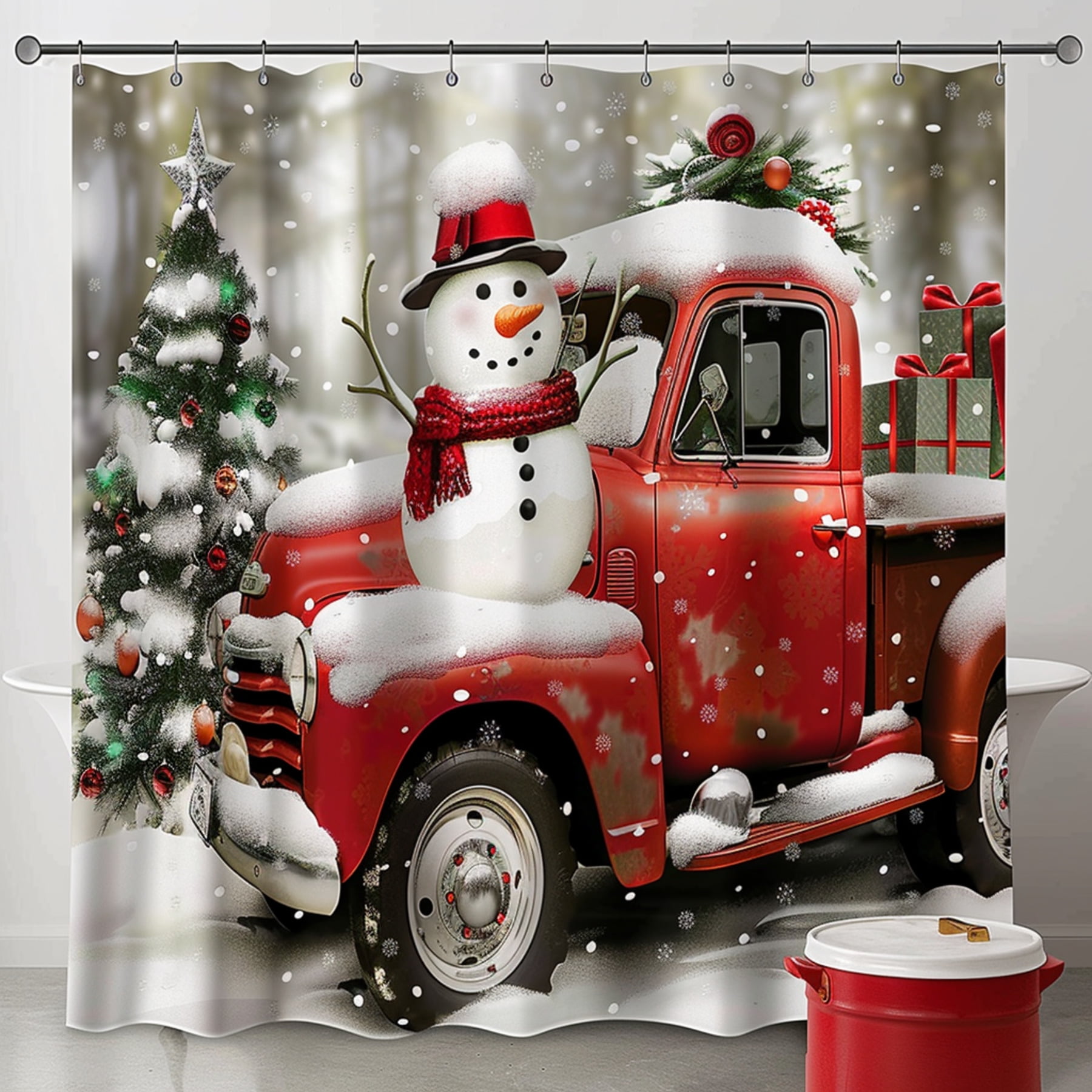 Christmas Red Truck Shower Curtain with Snowman Tree and Gifts Festive