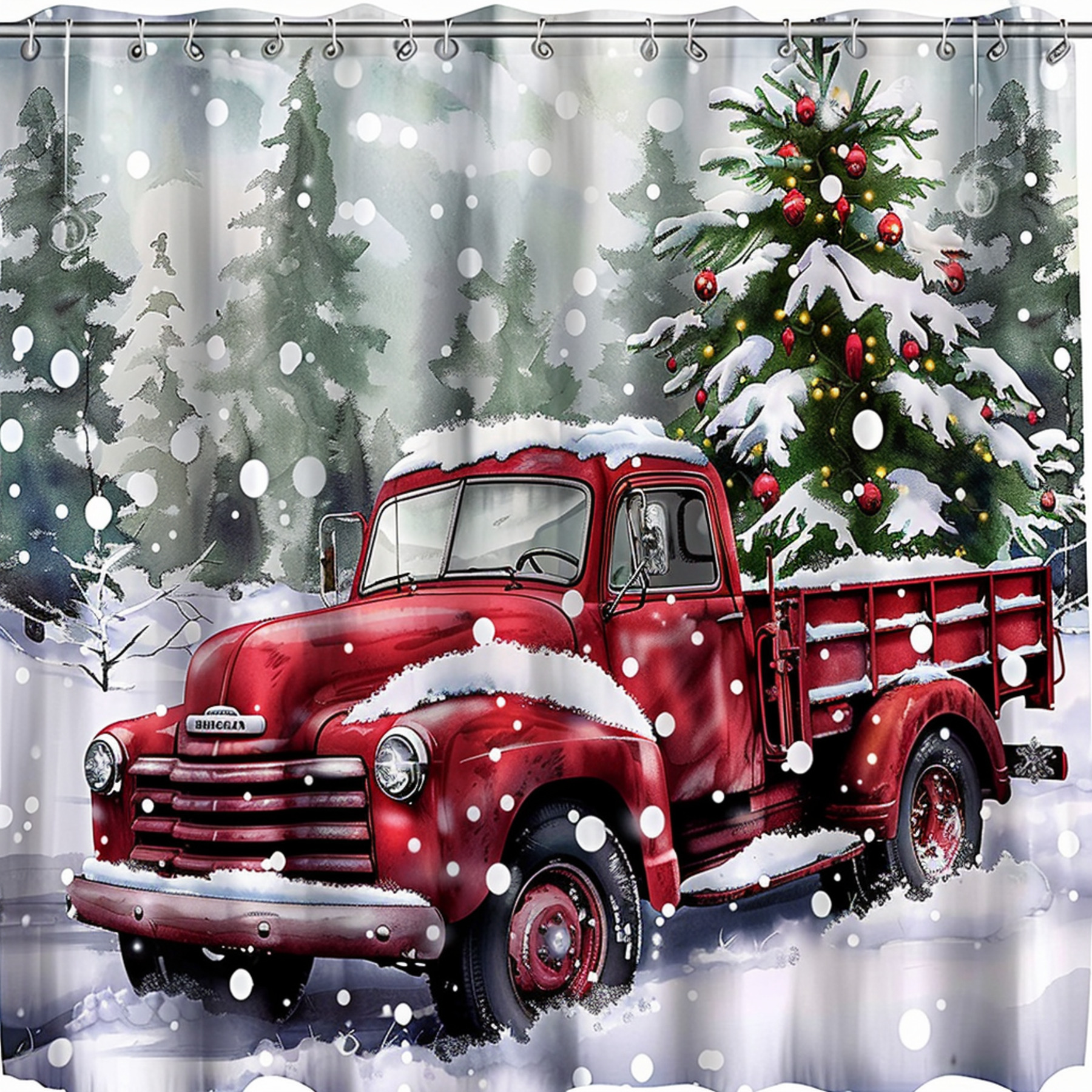 Christmas Red Truck Shower Curtain with Tree in Snow Festive Holiday