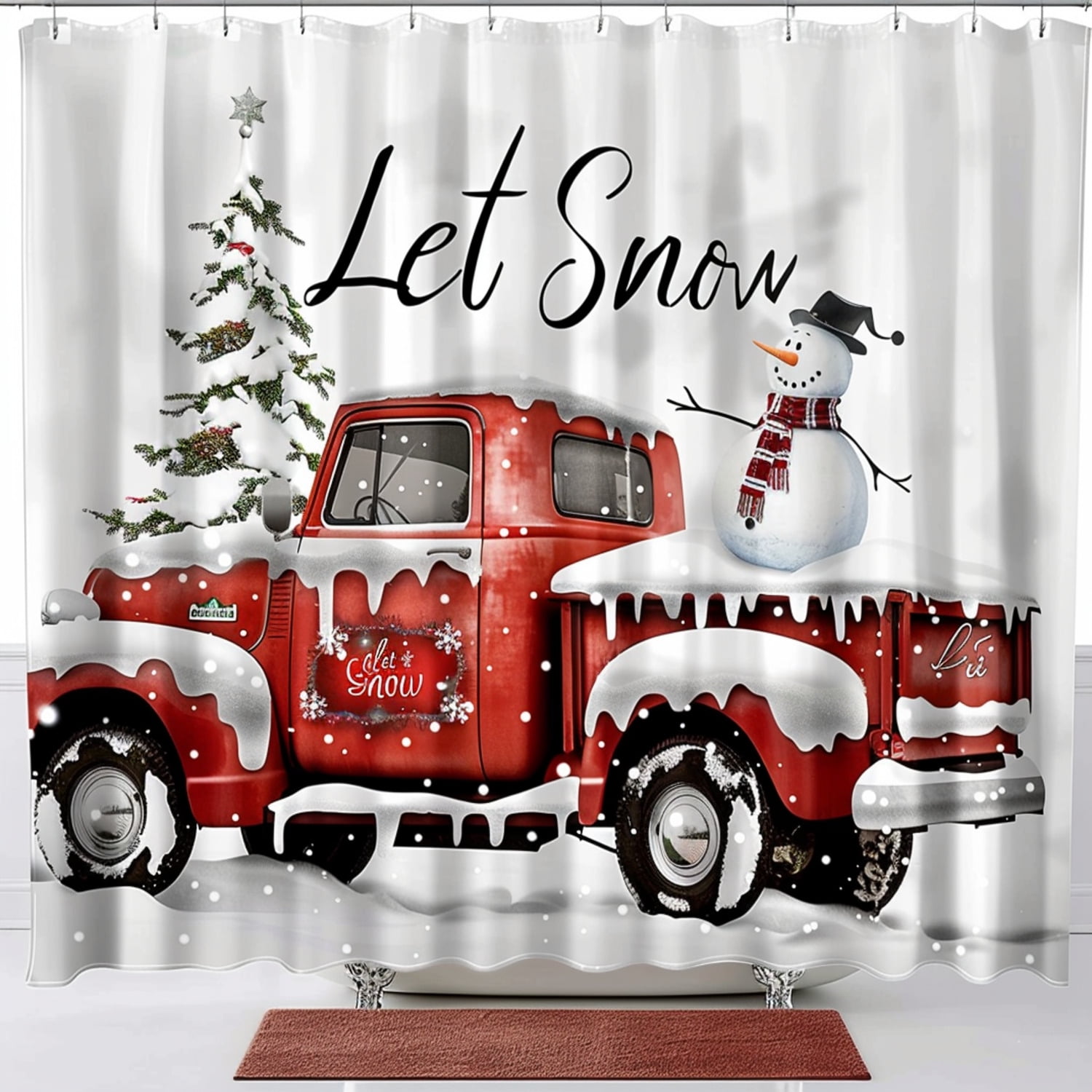 Christmas Red Truck Snowman Let it Snow Bathroom Set Shower Curtain