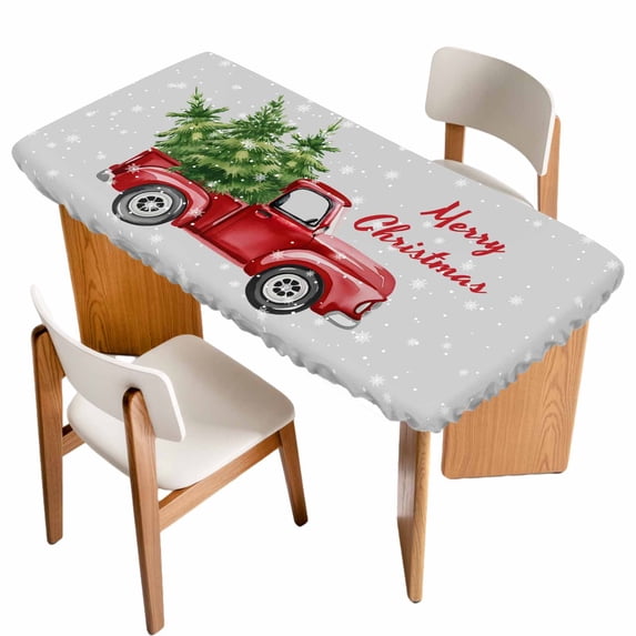 Christmas Red Truck Table Cloths for 5 Foot Rectangle Tables, Xmas Pine Tree Winter Snowflakes Grey Patio Waterproof Elastic Fitted Tablecloths, Washable Rectangular Table Cover for Camping