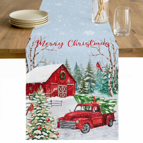 Christmas Red Truck Table Runner 120 Inches Long Farmhouse Dress Scarves, Winter Cardinal Xmas Tree Dining Tablerunner for Coffee Table/Kitchen Island/Party Décor, 13" x 120"