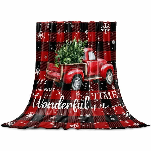 Christmas Red Truck Throw Flannel Blanket 32x48In Winter Tree Snowflake Farm Red Plaid Super Soft Cozy Bed Blanket, Lightweight Plush Fuzzy Bed Throw for Bedroom Sofa Couch Living Room