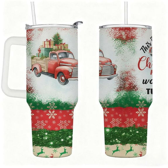 Christmas Red Truck Tumbler with Lid and Straw, Holiday Gifts Tree Design Travel Cup