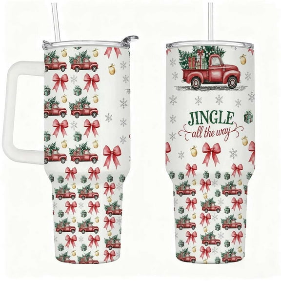Christmas Red Truck Tumbler with Lid and Straw, Jingle All the Way Holiday Insulated Cup Gift