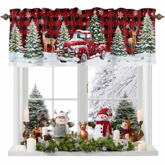 Christmas Red Truck Valances for Windows, 42 x 18in, Winter Car Deer Xmas Trees Snow Red Plaid Rod Pocket Kitchen Valance Curtain Light Filtering Window Treatments for Living Room Bedroom, 1 Panel