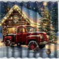 Christmas Red Truck with Tree and Cat Shower Curtain Winter Wonderland