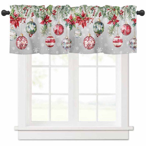 Christmas Red Valances for Windows, Green Balls Poinsettia Berry Snowflake Grey Light Filtering Window Treatment Valances, Rod Pocket Small Curtains for Kitchen/Bathroom, 56"x16"