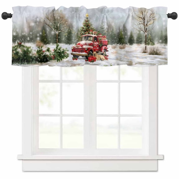 Christmas Red Valances for Windows, Truck Xmas Tree and Cute Little Dog Light Filtering Window Treatment Valances, Rod Pocket Small Curtains for Kitchen/Bathroom, 42"x12"