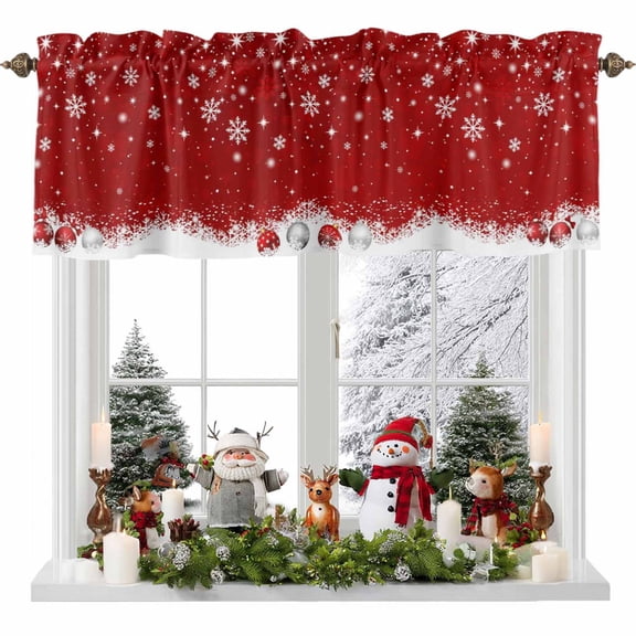 Christmas Red Valances for Windows, Winter White Christmas Balls Snowflake Star Rod Pocket Valance Short Window Treatments Curtains for Kitchen Bathroom Bedroom Decor, 42 x 12 In