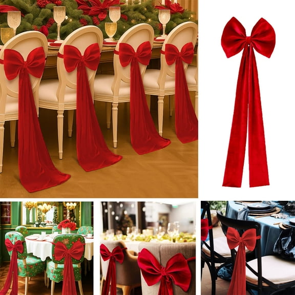 Christmas Red Velvet Chair Bow Cover – Decorative Flocked Fabric Chair Ornament for Holiday Parties, Dining Room, Weddings & Indoor Outdoor Christmas Decorations