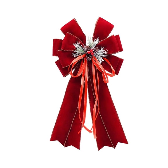 Christmas Red Velvet Decorative Bow with Pinecones Berry Sprigs for Front Door Wreath Christmas Tree Garland Mantel Railing Holiday Home Decor 11 x 20 inch