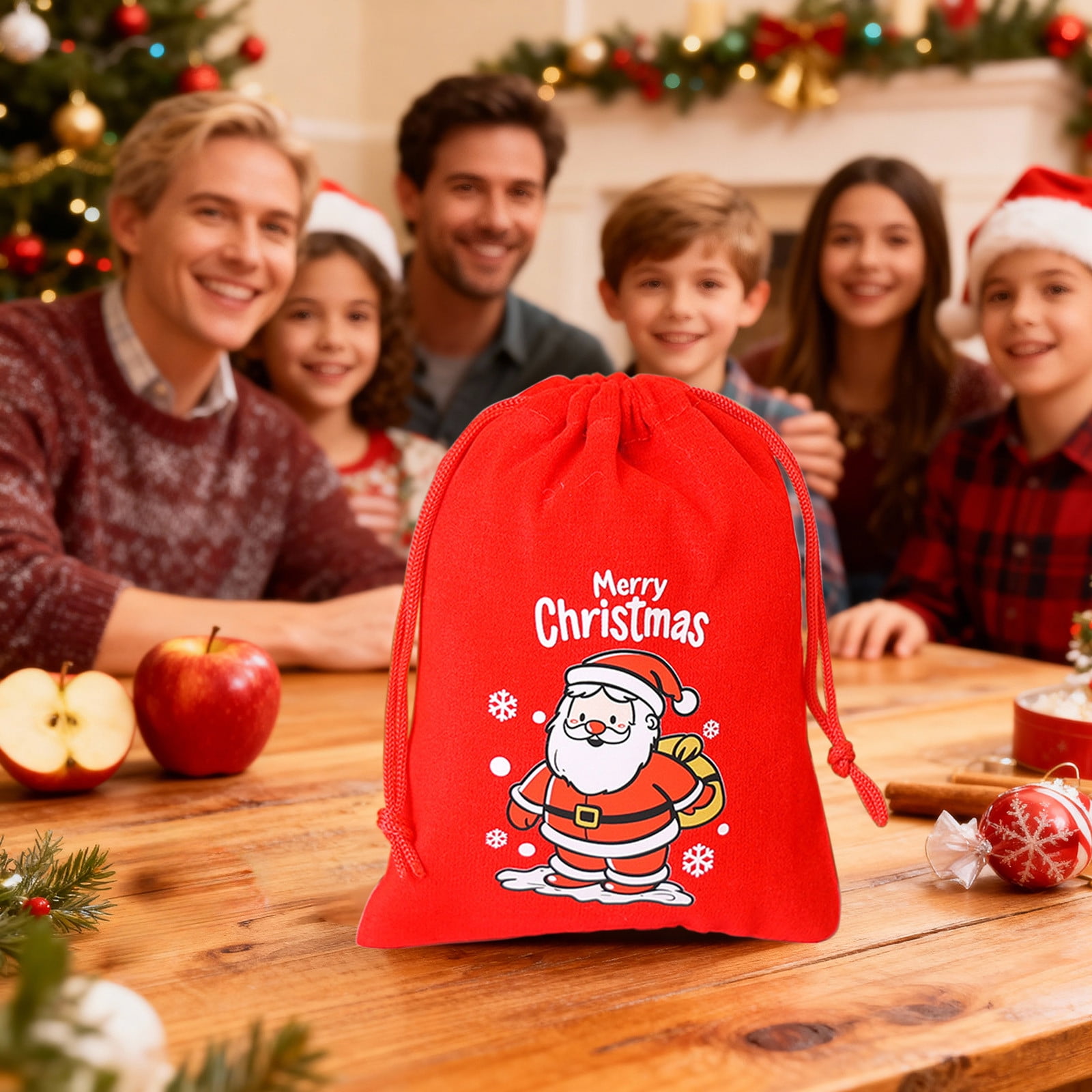 Christmas Red Velvet Drawstring Gift Bag – Snowman and Santa Printed ...