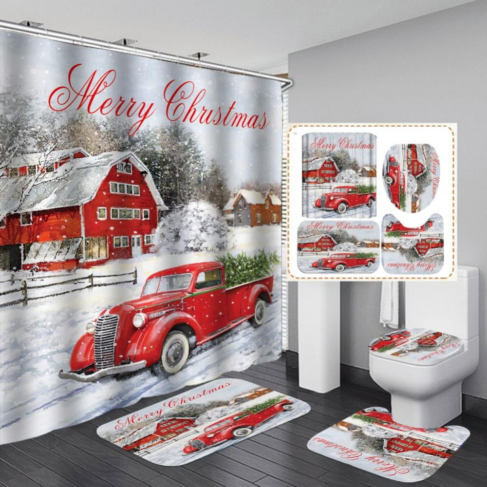 Christmas Red Vintage Truck Shower Curtain Set, Red Car Christmas Farm Free Life Shower Curtain for Bathroom, Merry Christmas Fabric Shower Curtain with Hooks 72 x 72 Inch (Car)