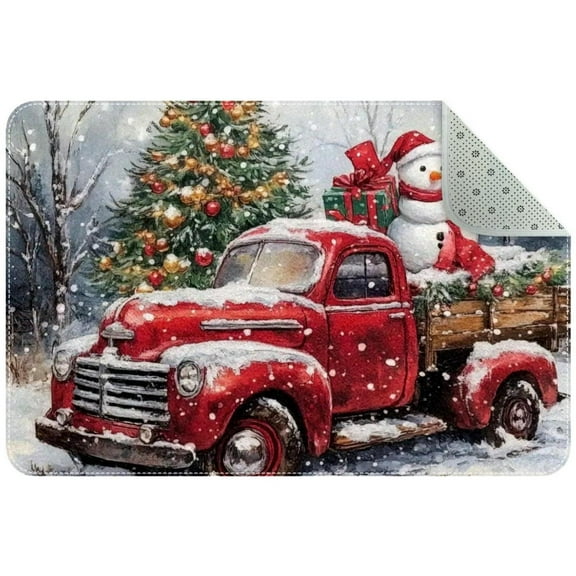 Christmas Red Vintage Truck Tree Winter Small Area Rug, Non-Slip Door Mat Indoor Floor Mat, Washable Kitchen Rug Entrance DMat for Bedroom Living Room