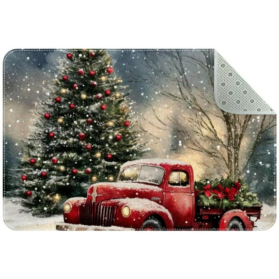 Christmas Red Vintage Truck Tree Winter Snow Small Area Rug, Non-Slip Door Mat Indoor Floor Mat, Washable Kitchen Rug Entrance DMat for Bedroom Living Room