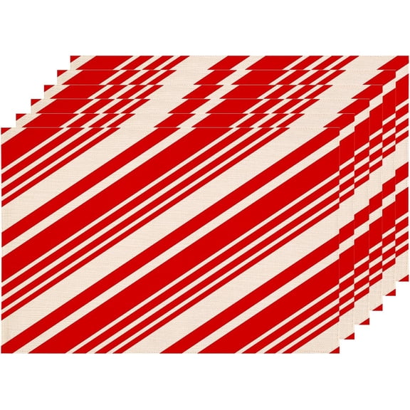 Christmas Red White Candy Cane Placemats, Stripe Stripe Table Mat Linen Burlap Washable Double-Deck Heat Insulation for Dining Table Kitchen Table Set of 6 (12 X 18 Inch)