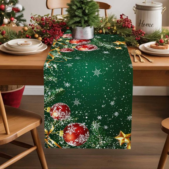 Christmas Red Xmas Ball Snowflakes Fir Twigs Leaves Table Runner 13x48in Non-Slip Cotton Linen Table Runners, Green Dresser Scarves TableRunner for Dinner Kitchen Dining Wedding Party
