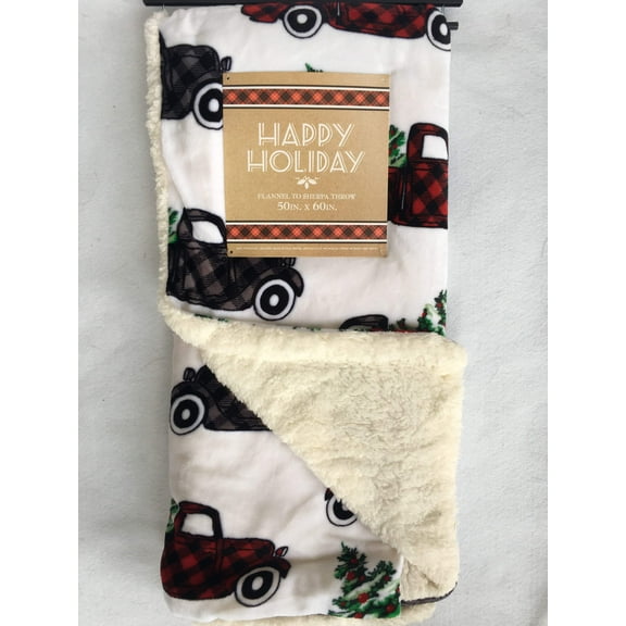 Christmas Red and Black Check Truck Carrying Tree Flannel to Sherpa Blanket Throw