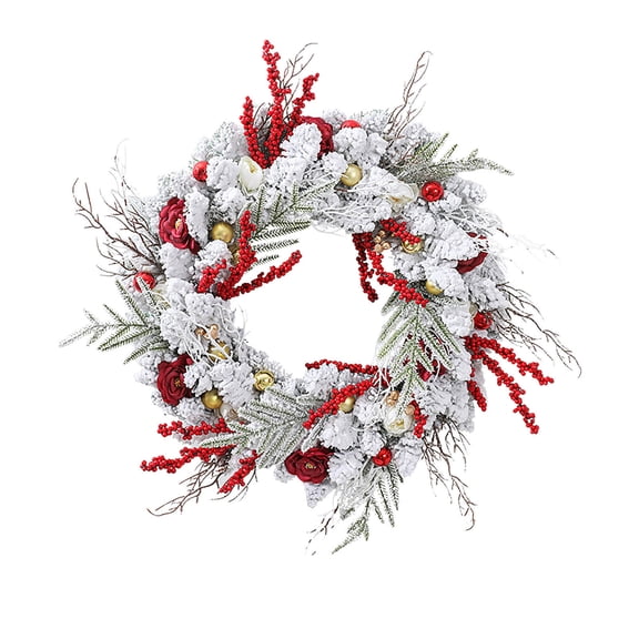 Christmas Red and Gold Garland Wreath – Holiday Decoration with Balls, Roses, Cedar, and Berries – Festive Decor for Door, Mantel, Staircase, or Wall