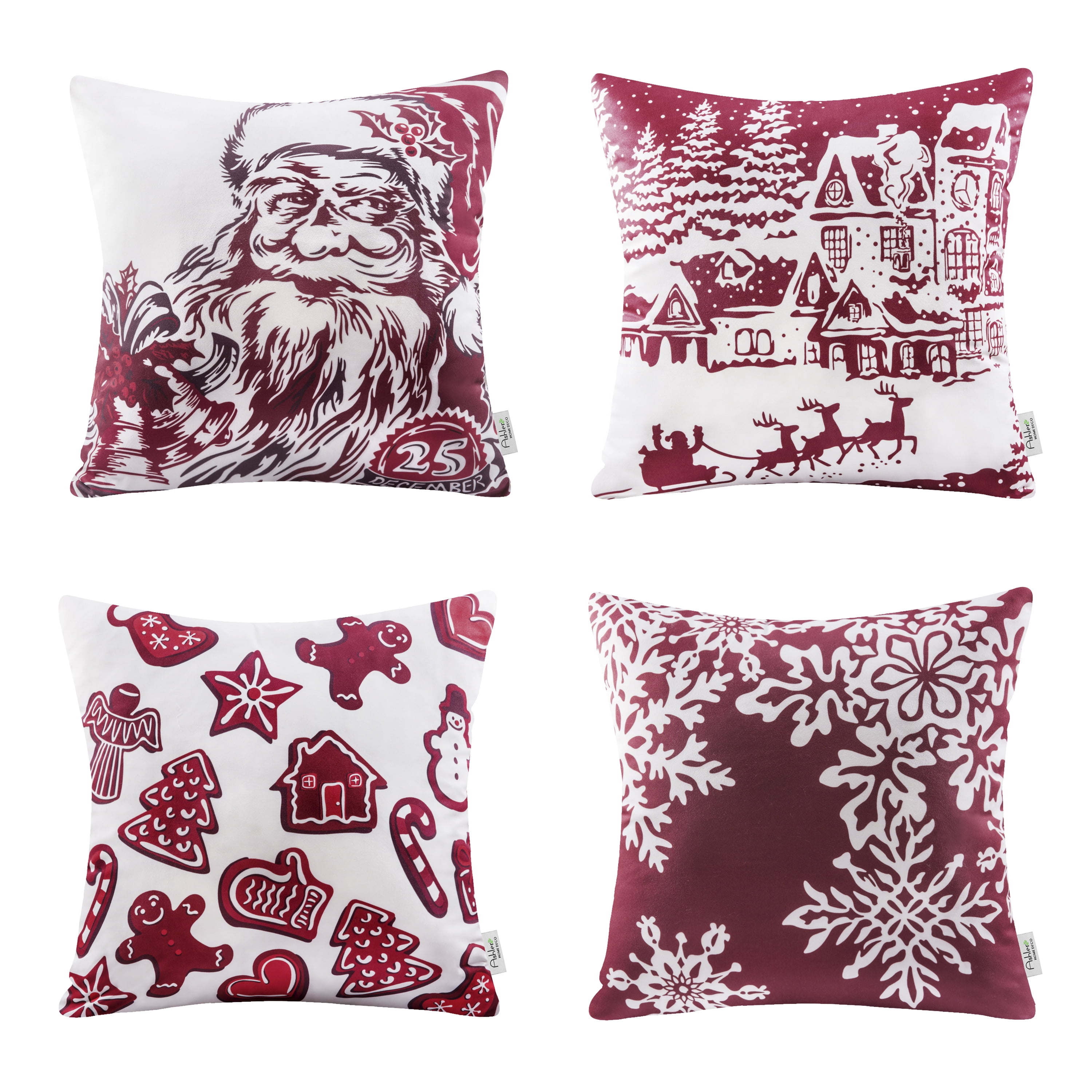 Christmas Red and White Printed Decorative Pillow Covers, Holiday Series Pillow, Red and White, 18" x 18", Set of 4