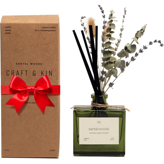 Christmas Reed Diffuser with Dried Flowers | 5 oz Santal Woods Holiday Scented Reed Diffusers for Home, Bathroom | Scent Sticks | Elegant Fragrance Home Decor for Men & Women