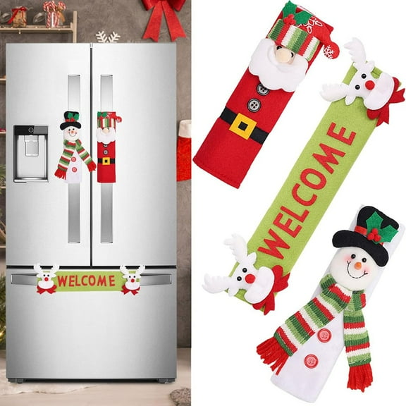 Christmas Refrigerator Handle Covers, Xmas Door Handle Protectors Kitchen Decor, Mini Fridge Cover Santa Snowman Reindeer Christmas Home Decoration for Holiday New Year Microwave Dishwasher