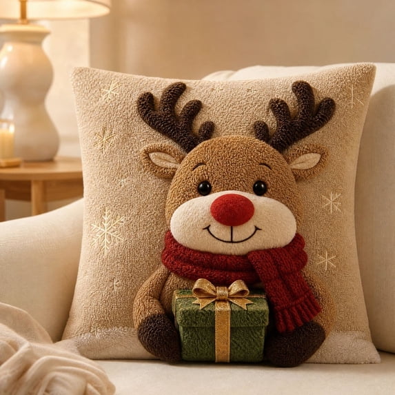 Christmas Reindeer 3D Throw Pillow Cover, 17.72 Inch Linen Cushion Case with Cartoon Design, Winter Holiday Decor for Sofa Bed
