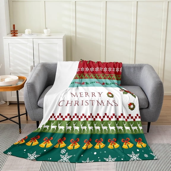 Christmas Reindeer And Bells Throw Blanket for Couch Bed Holiday Soft Flannel Fleece Blanket