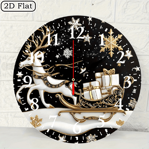 Christmas Reindeer And Gold Sleigh Wall Clock, Festive Snowy Night Decorative Silent Round Clock, 10x10 Inch, 1pc, Battery Not Included