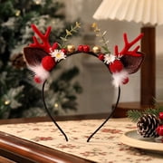 Christmas Reindeer Antler Headband 7.09 Inch Festive Red Green Floral Berry Faux Fur Hair Accessory for Holiday Costume Party Photo Booth Cosplay