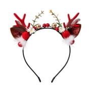 Christmas Reindeer Antler Headband for Women Girls, Red Glitter Deer Ears Hair Hoop with Feathers Berries Flowers, Xmas Party Costume Hairband