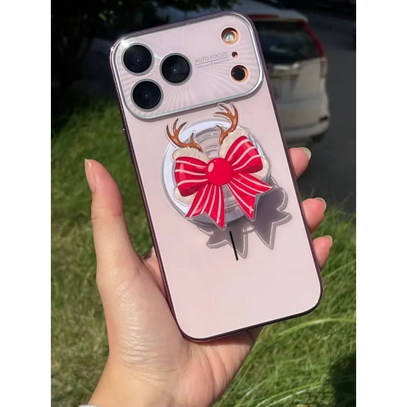 Christmas Reindeer Antler Phone Grip with Red Bow, Holiday Magsafe Griptok, Cute Winter Aesthetic Phone