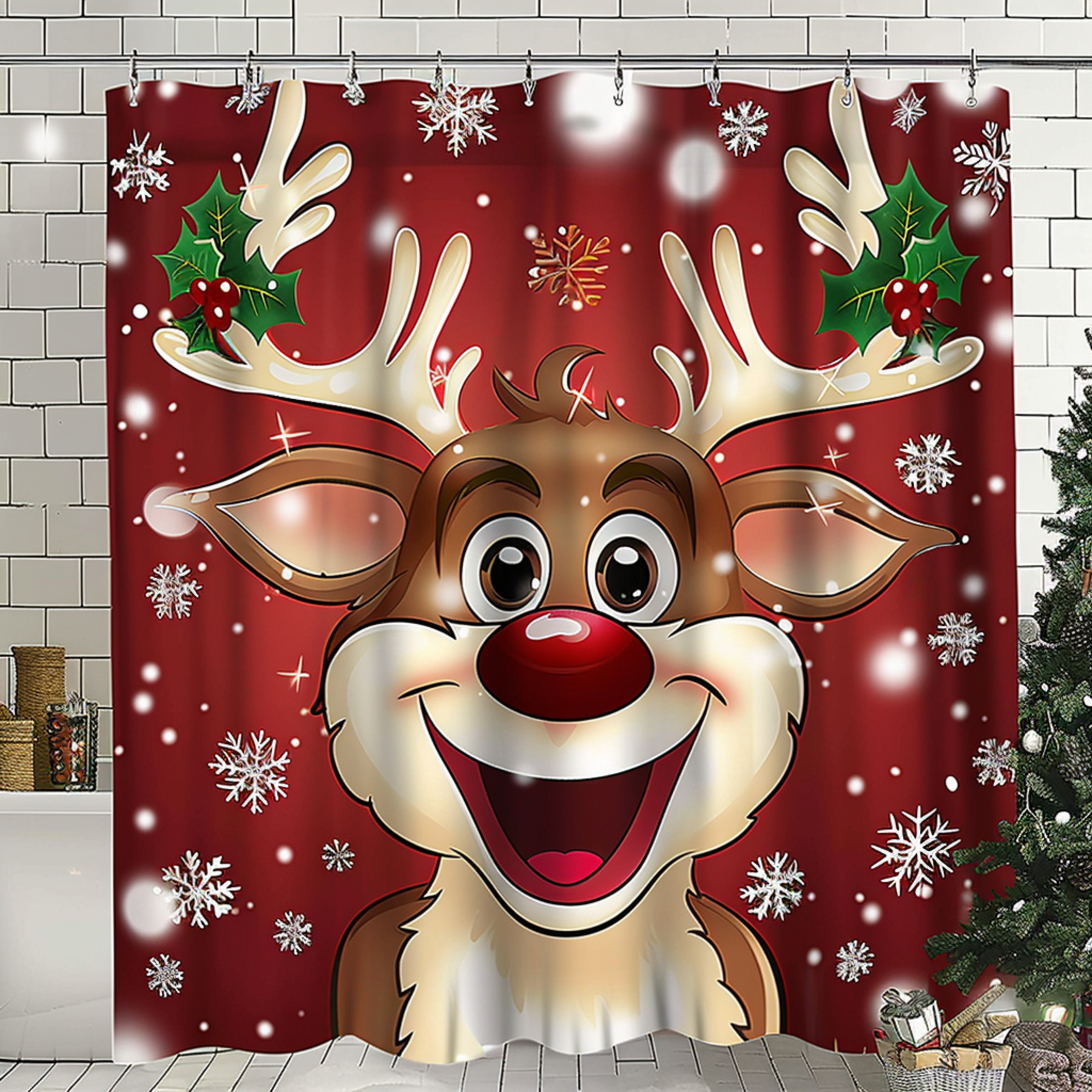 Christmas Reindeer Bathroom Shower Curtain Festive Red Background