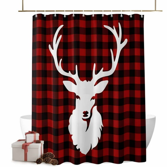 Christmas Reindeer Bathroom Shower Curtain Red Black Stripes Winter Vintage Texture Waterproof Washable Shower Curtains for Bathtub Bath Decor with Grommets and Hook 54 X 78 Inch
