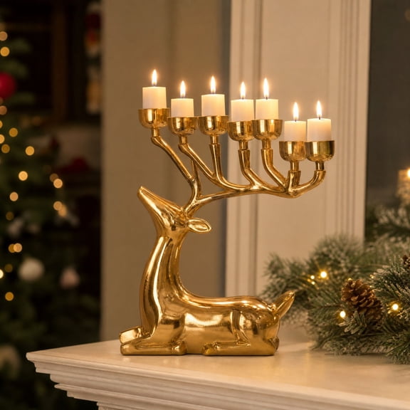 Christmas Reindeer Candle Holder 8", Gold 7 Candelabra for Holiday Tabletop, 1 Pack