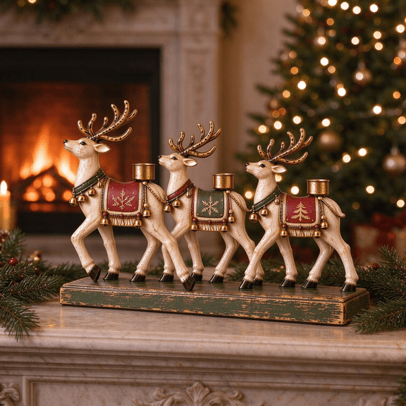 Christmas Reindeer Candle Holder, Resin 3 Deer Figurine Candlestick with Bells, Vintage Festive Tabletop Centerpiece, Winter Holiday Home Decor for Taper Candles