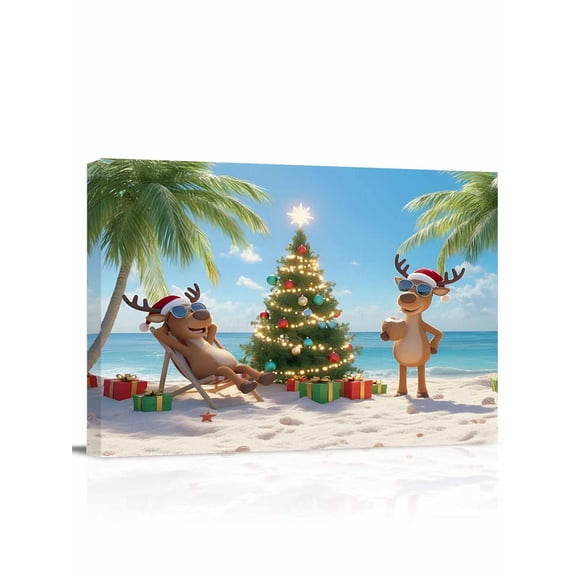 Christmas Reindeer Canvas Print Wall Art Xmas Tree Abstract Reindeers Basking in The Sun on Beach Pictures Painting Morden Artwork for Living Room Bedroom, Ready to Hang - 12"x16"
