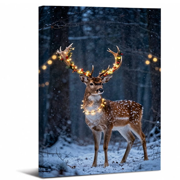 Christmas Reindeer Canvas Wall Art Framed,Reindeer with Fairy Lights in Snowy Forest Landscape canvas print for bathroom bedroom decor,8x12in