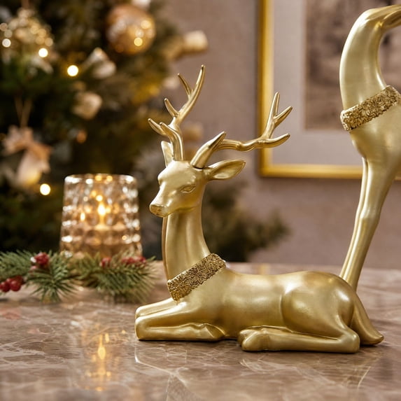 Christmas Reindeer Decor, Gold Resin Stag Statues Set with Standing and Resting Designs, Holiday Tabletop Decoration for Mantel Shelf Coffee Table Winter Home Decor(Goldb-1pc)